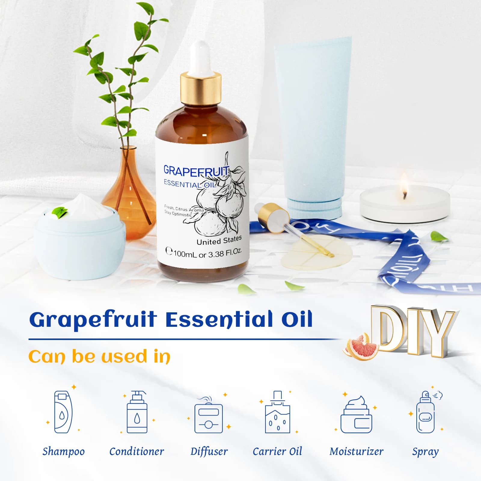 ​ ​ HIQILI 100% huile essentielle de pamplemousse Pure 100ml pour bricolage arômes humidificateur Massage visage peau Orange douce citronnelle ​ ​