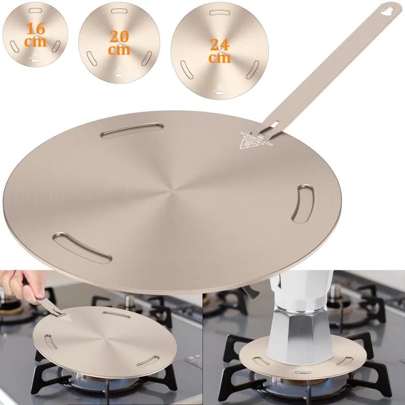 Plaque diffuseur de chaleur en acier inoxydable 16/20/24 cm pour cuisinière à gaz - Adaptateur à induction portable avec poignée amovible pour une cuisson uniforme