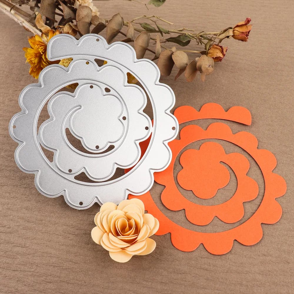Grand ensemble de matrices de découpe en métal à bord de fleur roulé, guirlande de roses roulantes en spirale 3D, pour bricolage, fabrication de cartes en papier pour la fête des mères