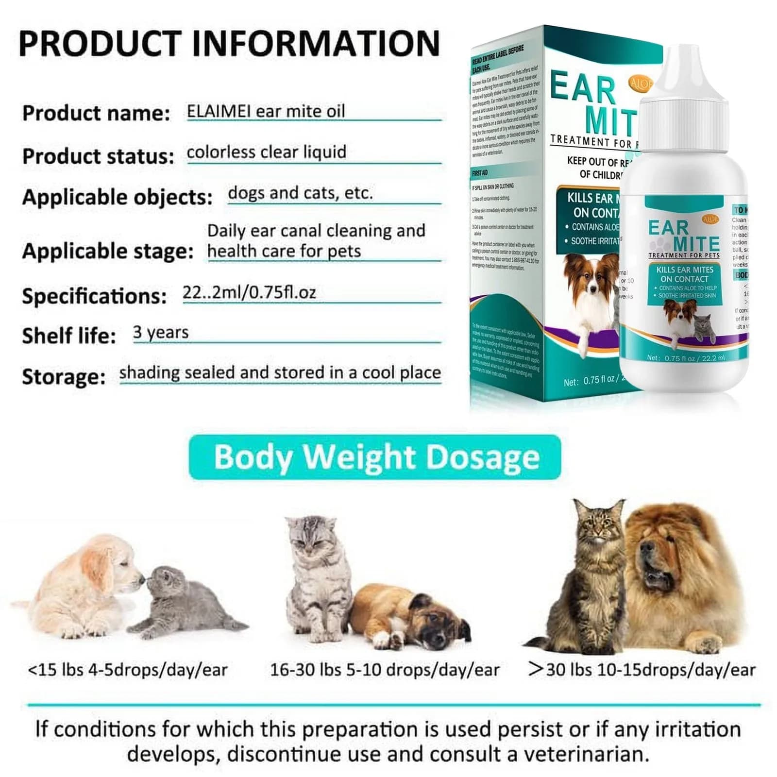 Chiens Earmite huile oreille mitétraitement pour chiens et chats canaux d'oreille pour animaux de compagnie chats Earmite nettoyeurs d'oreille pour animaux de compagnie lavage d'oreille pour animaux d