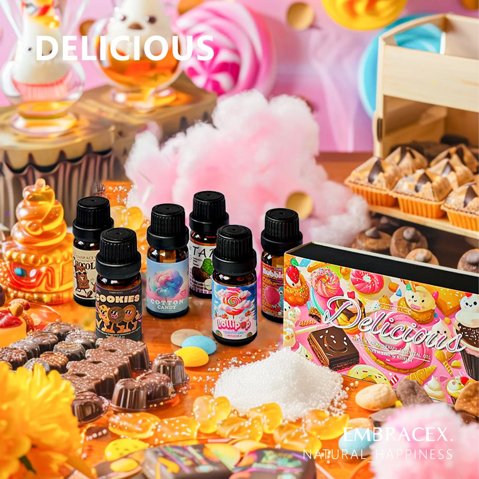6PC/1PC 10ML Huiles Essentielles Délicieuses pour Soins de la Peau Femme, Parfums Chocolat, Biscuits, Sucette, Taro, Barbe à Papa, Chewing-gum, Cadeau Sucré
