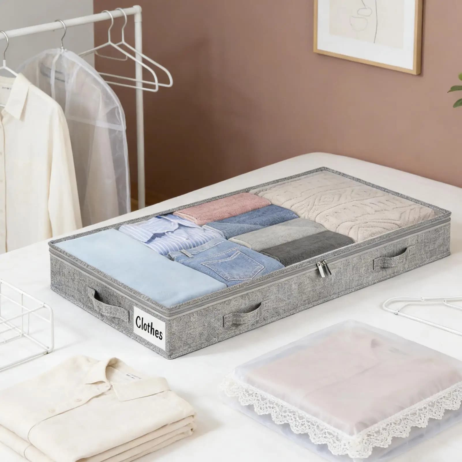 Bacs de rangement roulants sous le lit avec couvercle transparent, grande capacité pour vêtements saisonniers et couvertures, organisateur de chambre et de dortoir
