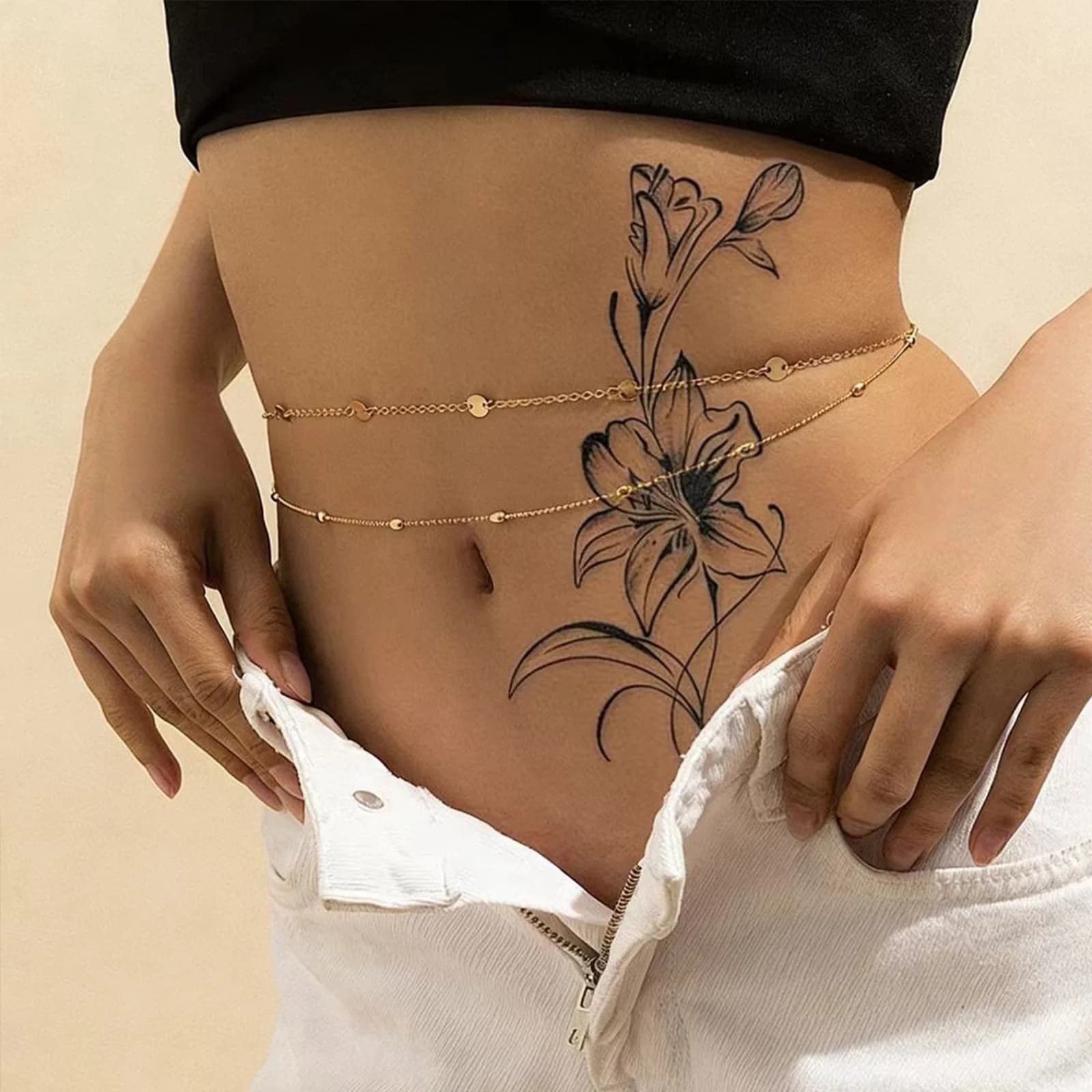 Tatouage temporaire Lily, motif floral simple en ligne, tatouage sexy pour la taille et le ventre, art corporel imperméable et longue durée