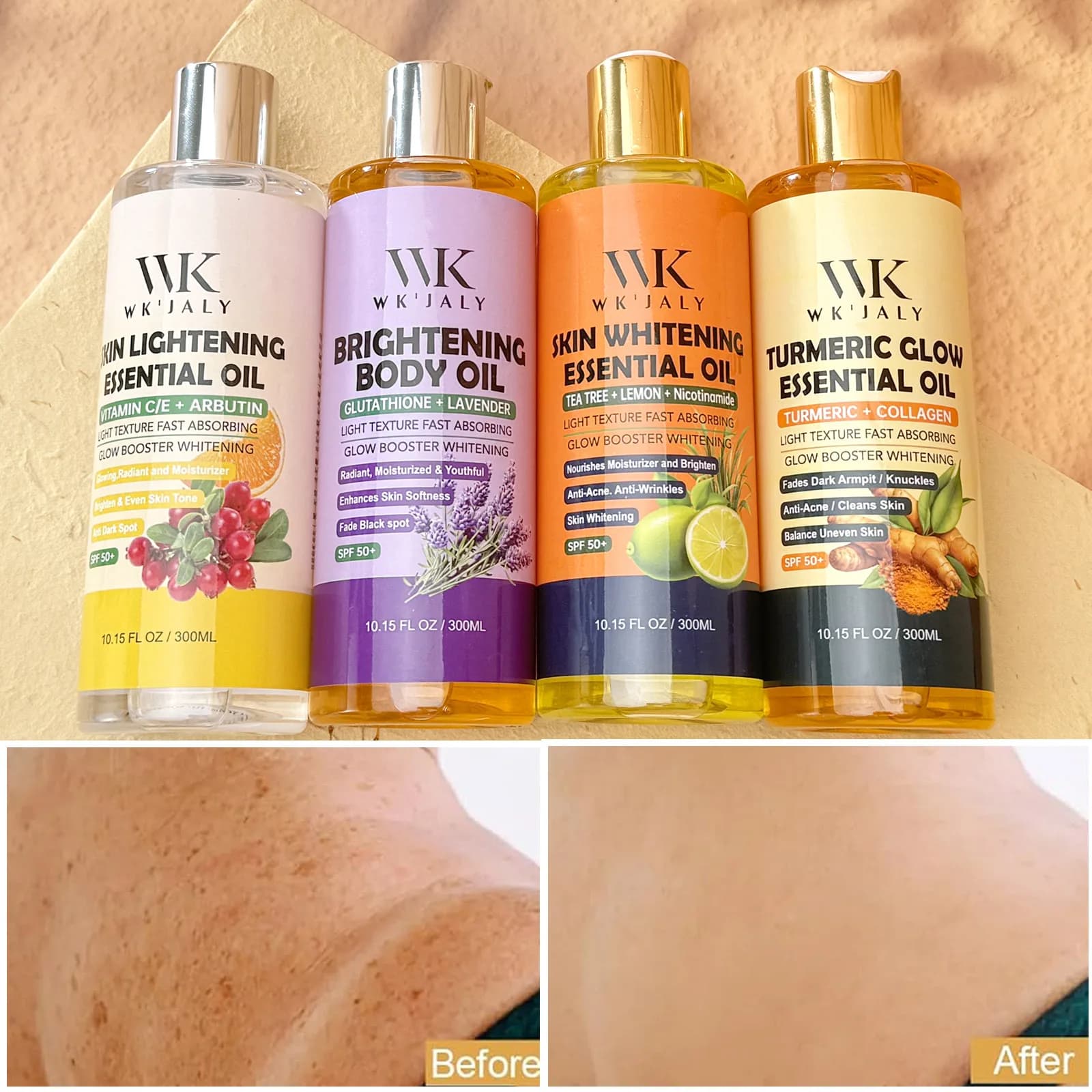Huile pour le corps éclaircissante WK JALY, hydratation intense, hydratation, peau lisse, réduction des taches, mélanine, pour peaux foncées, noires, caramel