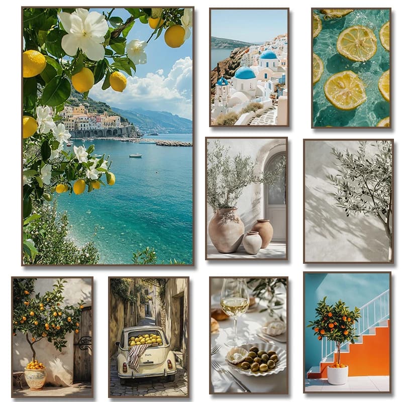 Affiche de paysage italien citron Orange Olive arbre rétro méditerranéen grèce