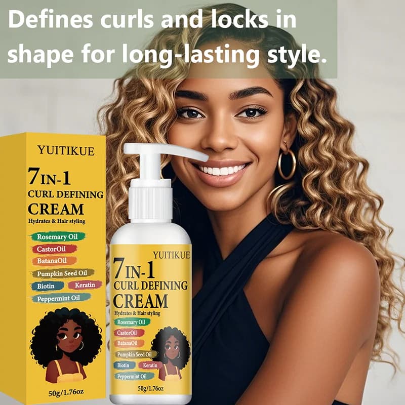 Crème définissante pour boucles YUITIKUE 7-en-1, crème coiffante hydratante pour cheveux bouclés avec huile de romarin et huile de ricin