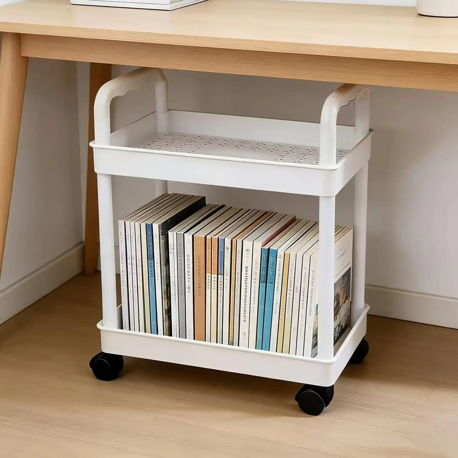 Chariot de rangement roulant à 2 niveaux, meuble mobile avec roulettes, chariot d'artisanat pour la maison, la cuisine, la salle de bain, le garde-manger, la buanderie, le garage