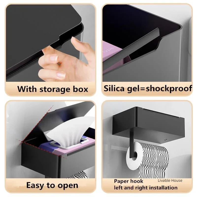 Porte-rouleau de papier toilette multifonction, support de rangement de salle de bains avec distributeur de lingettes, noir, accessoire en acier inoxydable