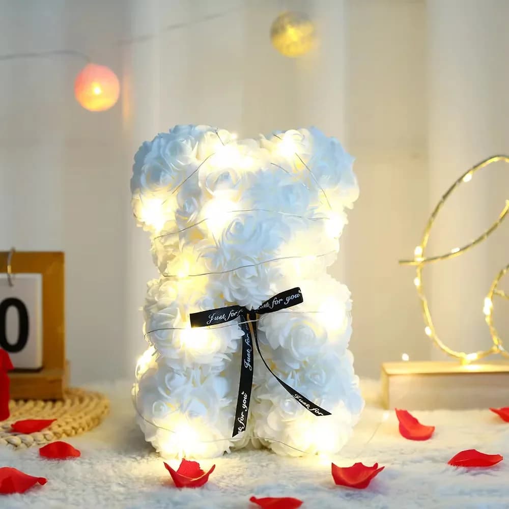Ours en fleurs artificielles en forme de rose Teddy de 25 cm avec boîte