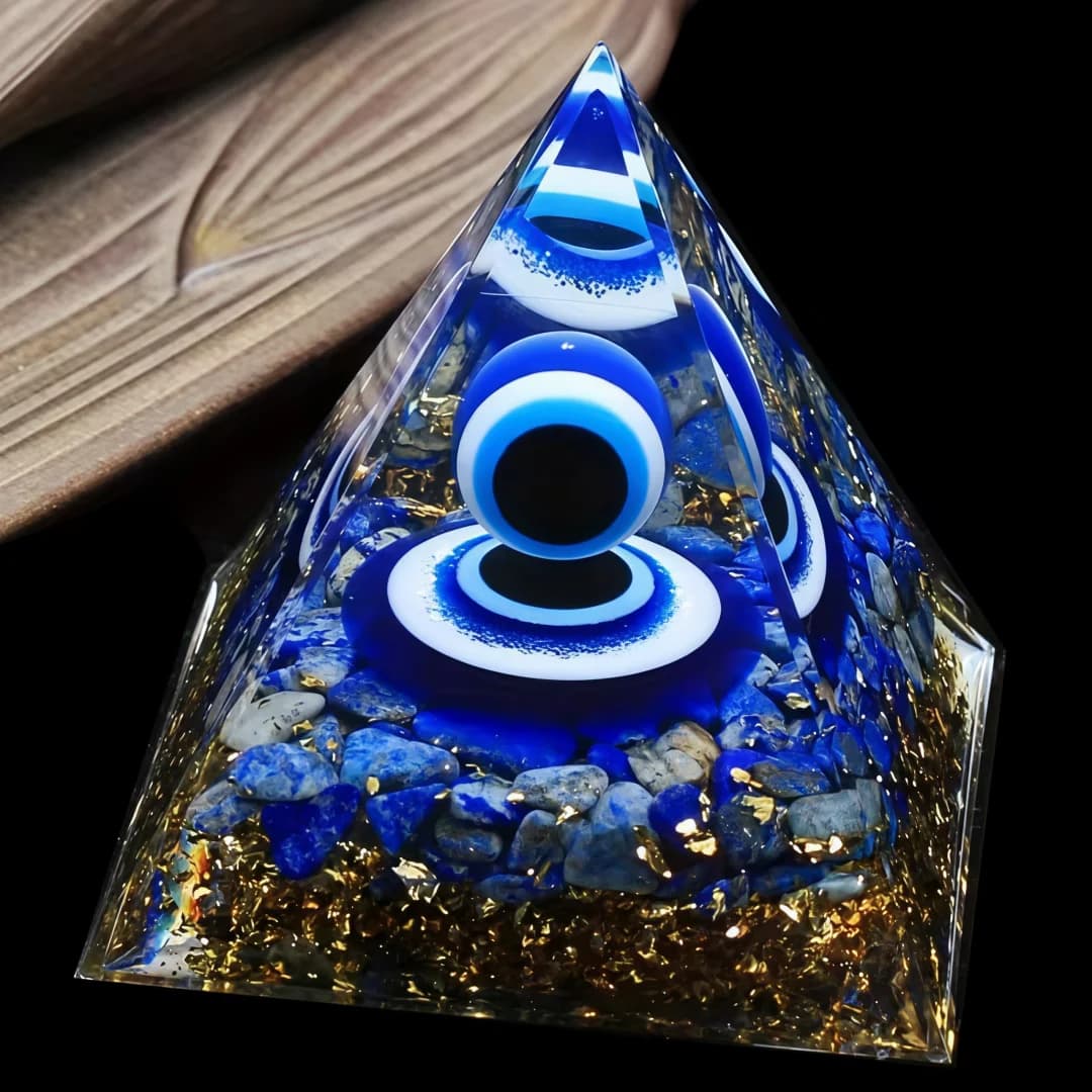Pyramide d'orgone œil de l'ange en lapis-lazuli - Cristaux naturels et sphères de résine pour la décoration