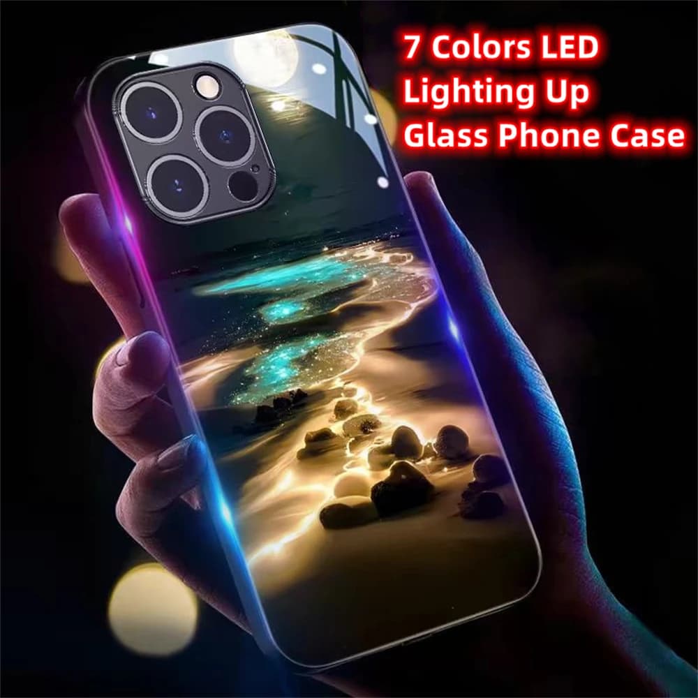 Coque de téléphone en verre trempé lumineux LED Pretty Galaxy Beach pour Samsung S26 S25 S24 S23 S22 S21 S20 FE Plus Ultra