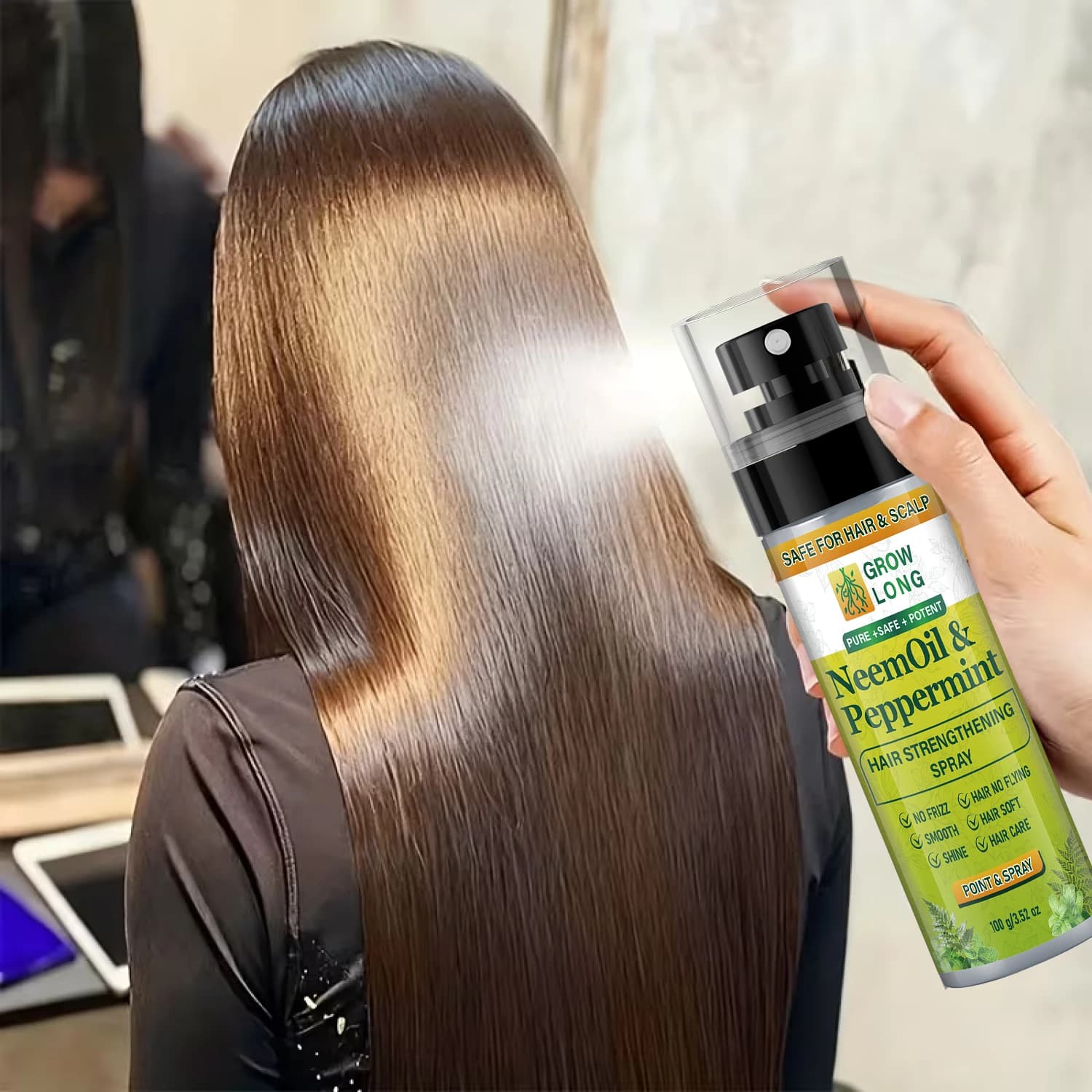 Spray fortifiant pour cheveux à l'huile de Neem et à la menthe poivrée - Lisse et brillant