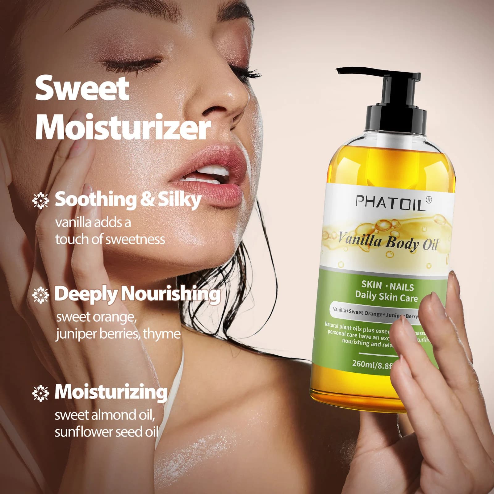 PHATOIL 260ML huile corporelle vanille pour hydrater la peau, huile de Massage de ricin 118ml adaptée à tous les Types de peau parfum longue durée