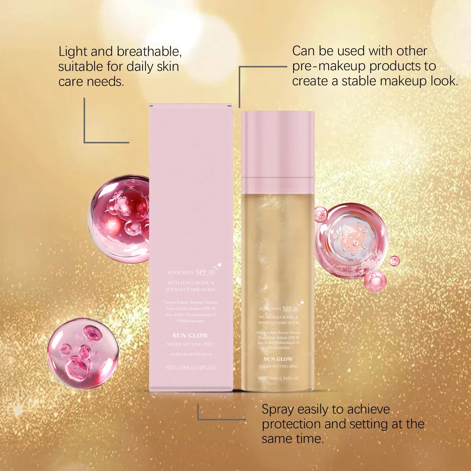 Spray Fixateur de Maquillage SPF 50+ Protection Solaire Waterproof Fini Mat Contrôle Sébum Non Collant Longue Tenue Base Fixatrice Protectrice