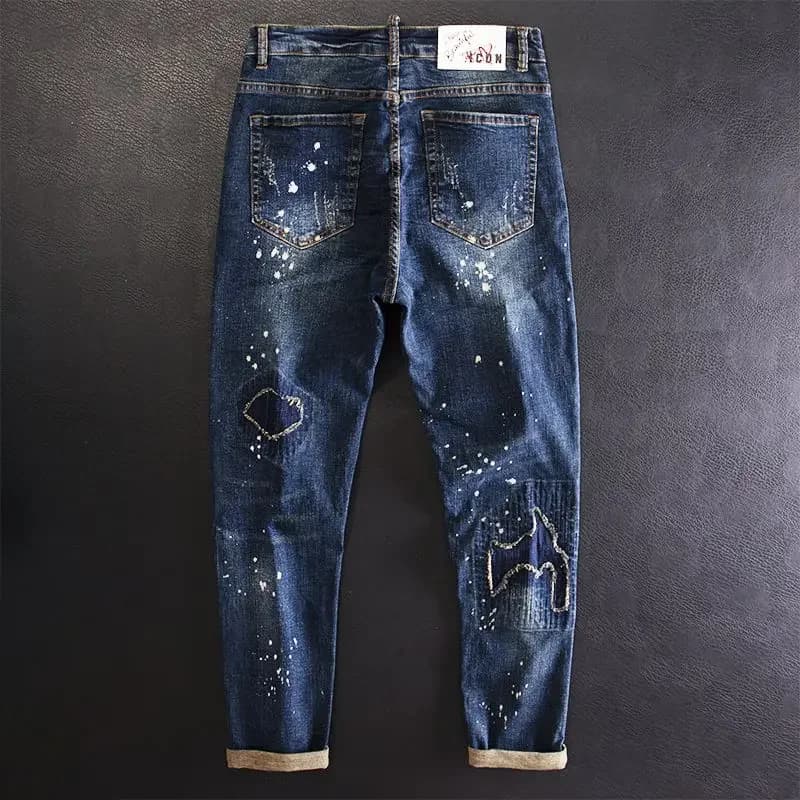 Jeans de moto en coton vintage pour hommes avec poches imprimées