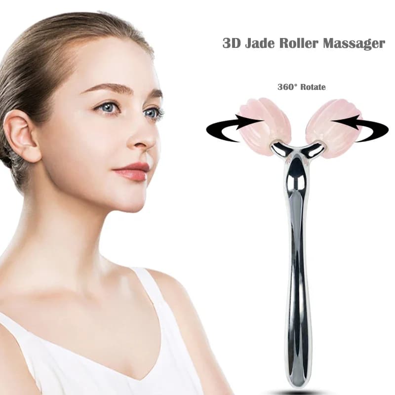 Rouleau de massage 3D pour lifting et amincissement du visage, pierre naturelle, quartz rose, rotation à 360 °