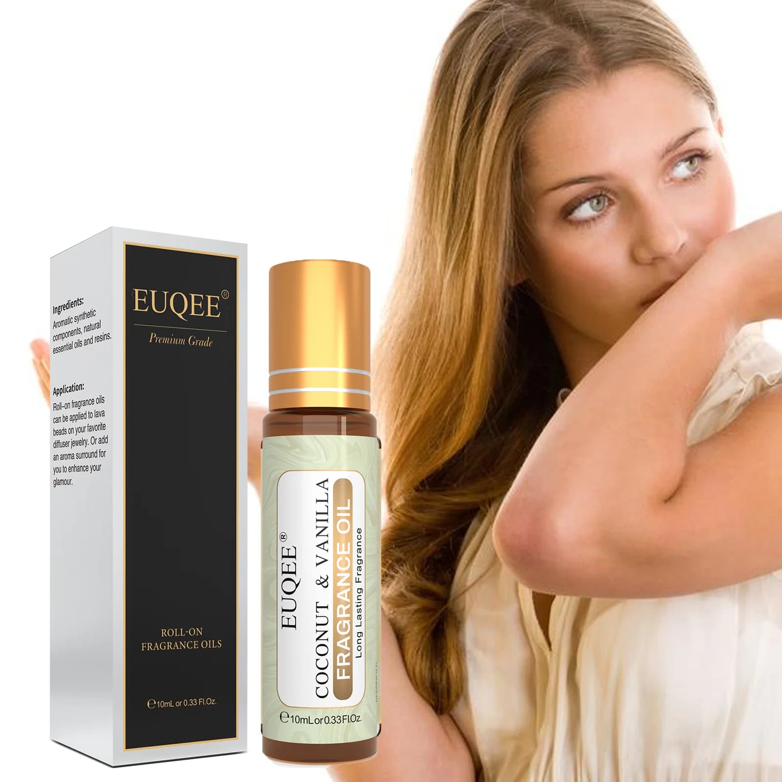 EUQEE 10ml huile parfumée à rouleau pour femmes-noix de coco vanille gomme à bulles cristal brillant bombe minuit Rose ange huiles aromatiques