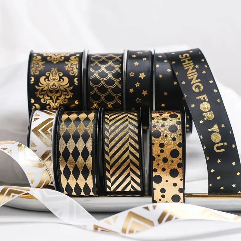 Rubans dorés pour nœud, emballage cadeau, mariage, Noël, fleur, chapeau, ornement de cheveux, artisanat de bricolage, noir, or, 22mm, rouleau de 10 mètres