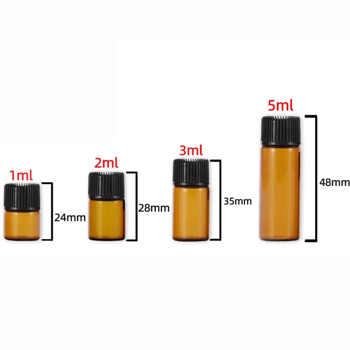 10X 30x 50x 1/2/3/5ML Mini flacon en verre ambré avec bouchons coniques à vis