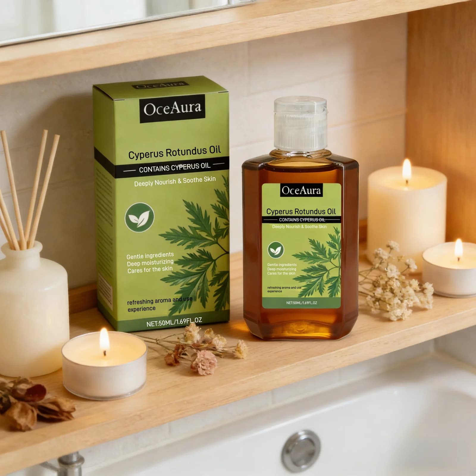 Huile de Cyperus Rotundus OceAura, hydratation intense, réparation de la peau, apaisement, amélioration des rougeurs, huile de massage non grasse pour le soin du corps, 50 ml