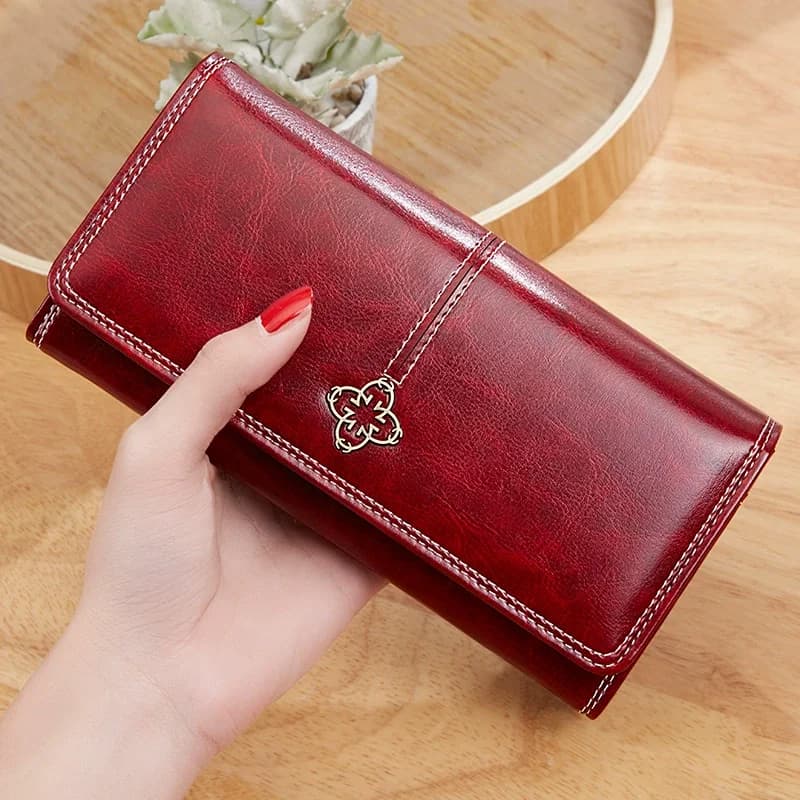 Portefeuille Long en cuir ciré à l'huile pour femmes, pince à billets rétro, grande capacité, pochette, porte-carte, haute qualité