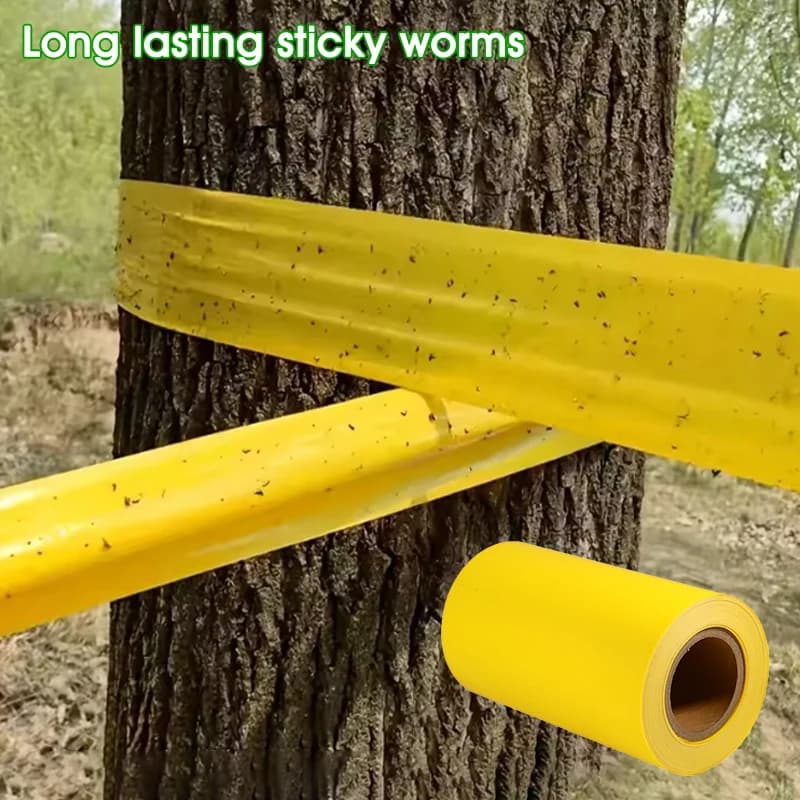 1 rouleau de ruban adhésif anti-insectes extérieur : rouleau collant double face jaune pour lutte antiparasitaire des arbres, pièges mouches blanches, fourmis, chenilles