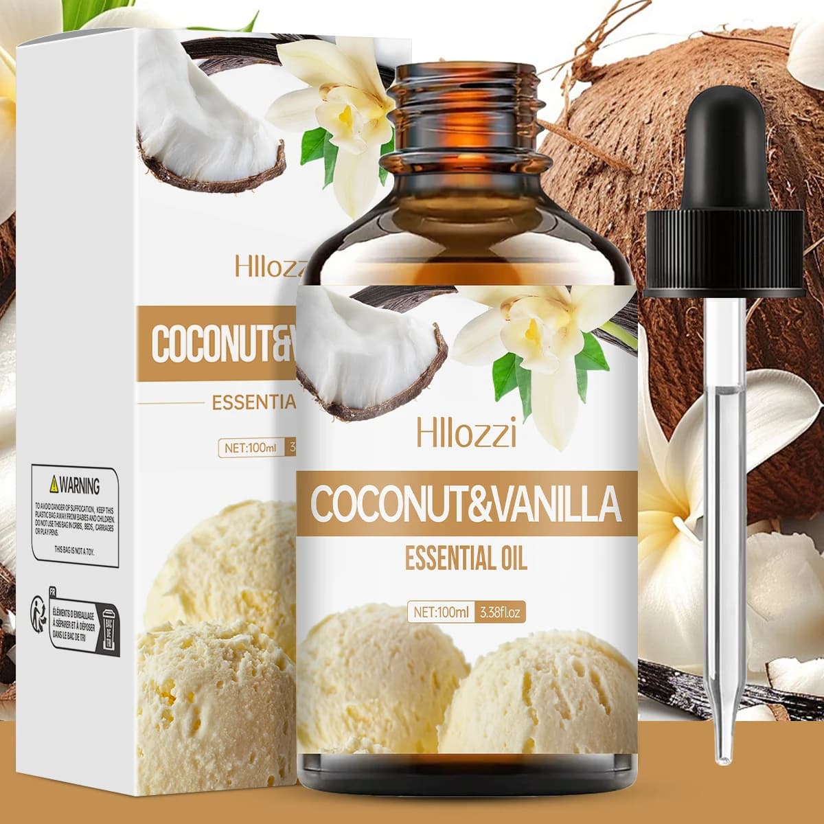 L'huile essentielle de noix de coco et de vanille est utilisée pour les soins de la peau, le massage, le bain et convient à tous les types de peau.