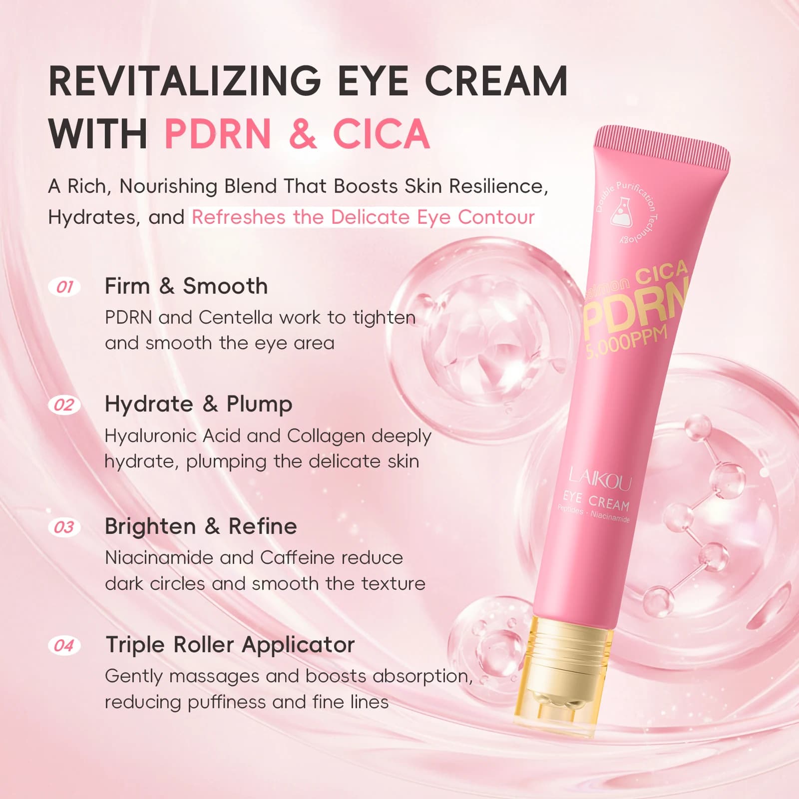 Crème pour les yeux LAIKOU PDRN CICA 20g, nourrit la peau, pour un regard plus lumineux, avec caféine, niacinamide et collagène