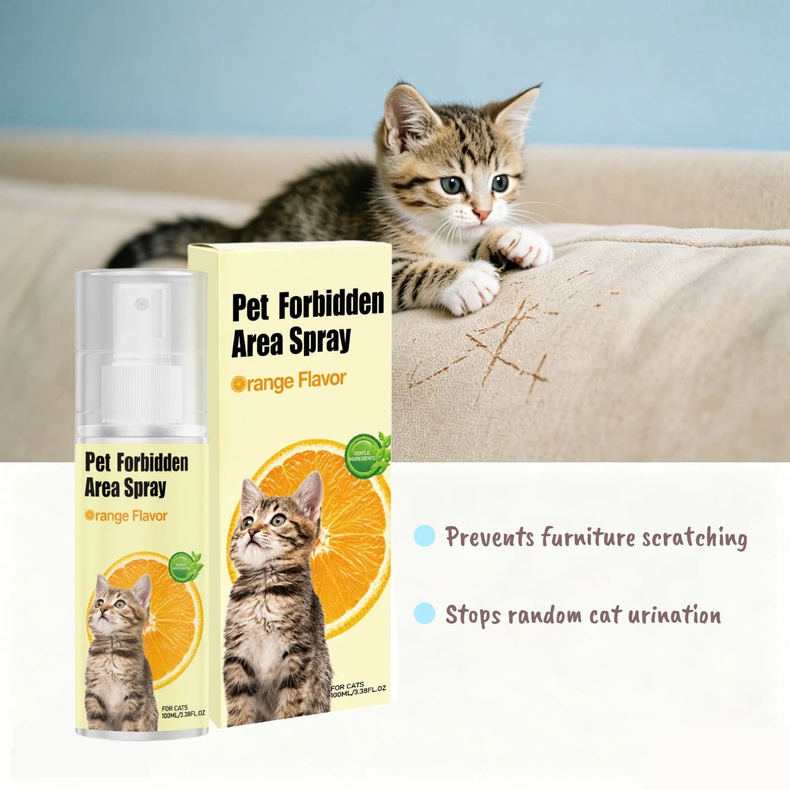 Spray d'entraînement pour chat 100 ml, correcteur de comportement pour animaux de compagnie, prévient les morsures, les urinations, anti-griffures, non toxique, parfum orange, spray répulsif pour anim