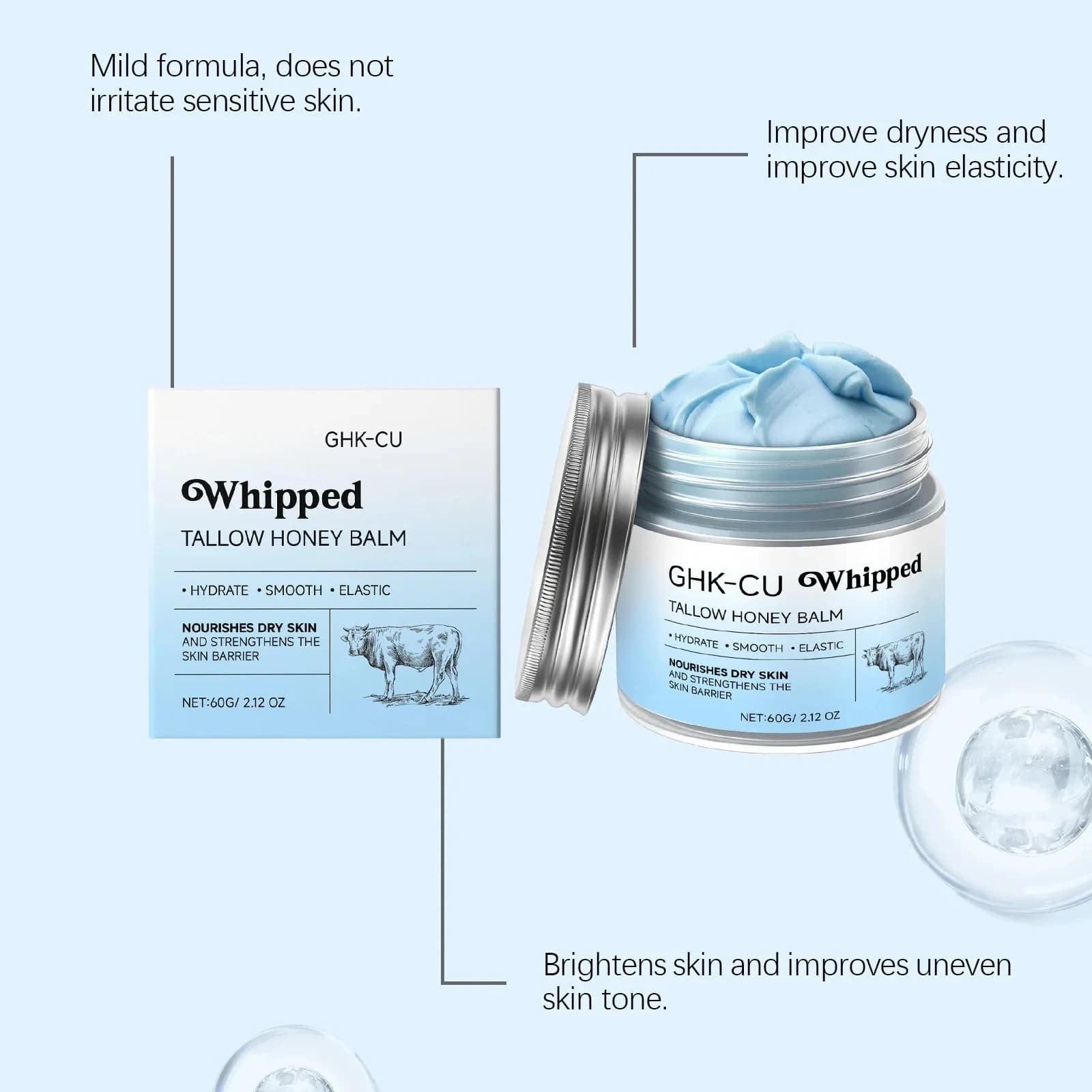 Baume bleu GHK-Cu au peptide de cuivre et au suif de bœuf avec miel de Manuka – Hydratant pour la peau mature, sèche et sensible du visage et du corps