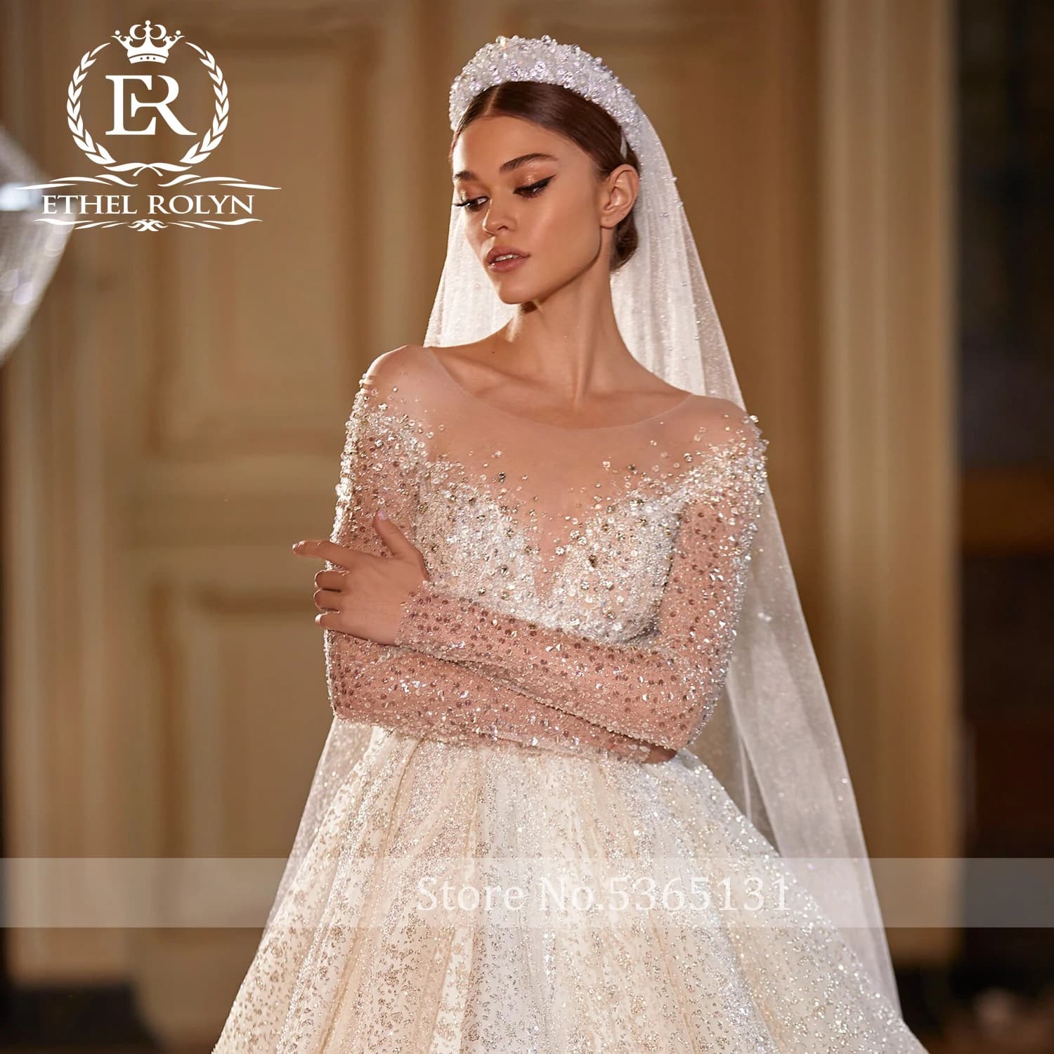 ETHEL ROLYN – robe de mariée pour femmes, Photos réelles, manches longues, en Tulle scintillant, avec cristaux, Vestidos De Novia