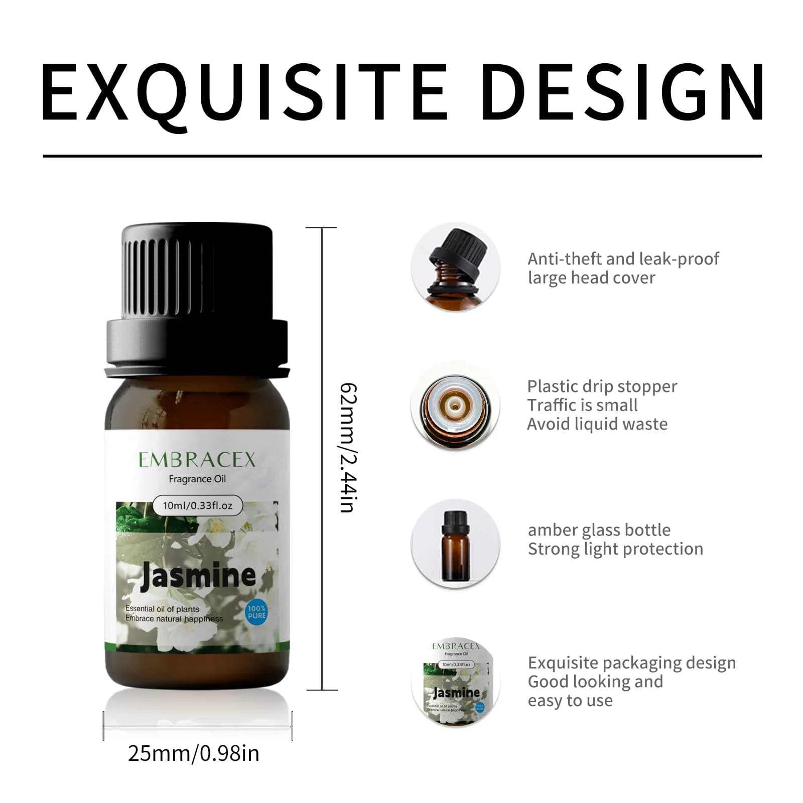 Huile essentielle de jasmin 10ml, huile florale parfumée pour soins de la peau/du corps, huile de massage, parfum romantique, cadeau longue durée pour les amis