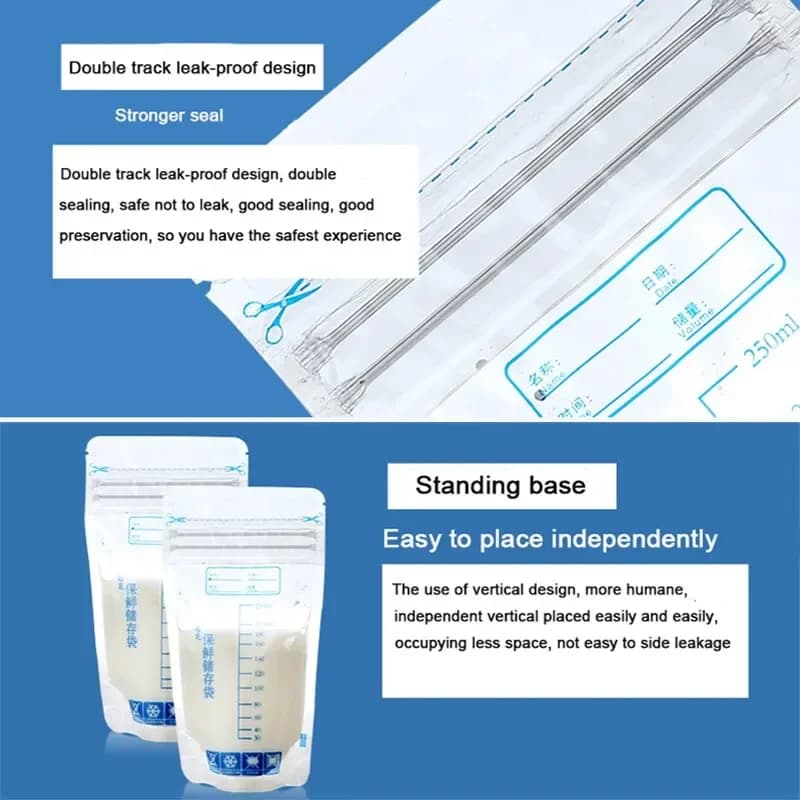 Sac de conservation du lait maternel avec 250ml, conteneurs de stockage des aliments pour bébés autoportants, sacs de congélation du lait sans fuite, alimentation sûre sans BPA, 30 pièces