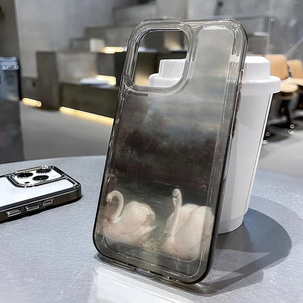 Coque souple en TPU flexible motif cygne peint à l'huile pour iPhone 12 15 11 13 17 Air 14 16 Pro Max Plus Air