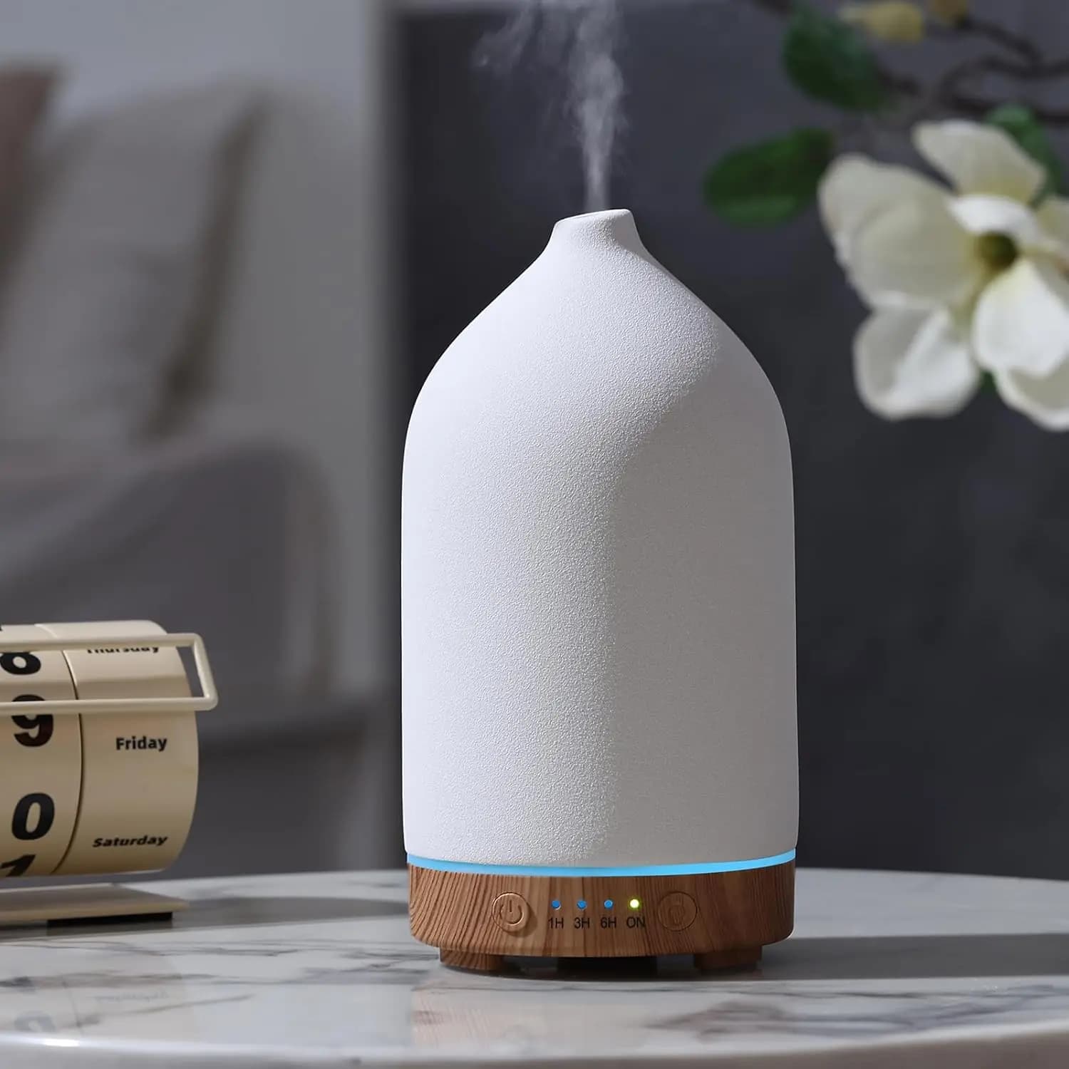 Diffuseur d'huiles essentielles en céramique, humidificateur d'aromathérapie ultrasonique avec lumières LED 7 couleurs, arrêt automatique, minuterie 1H/3H/6H
