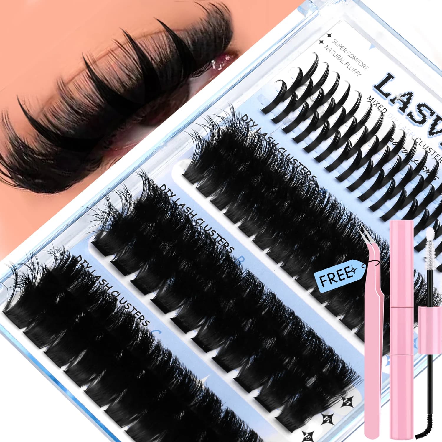 Lasvirey Kit de faux cils en touffes à faire soi-même : extensions de cils individuelles 4 en 1, volume et volume, avec colle et fixateur.