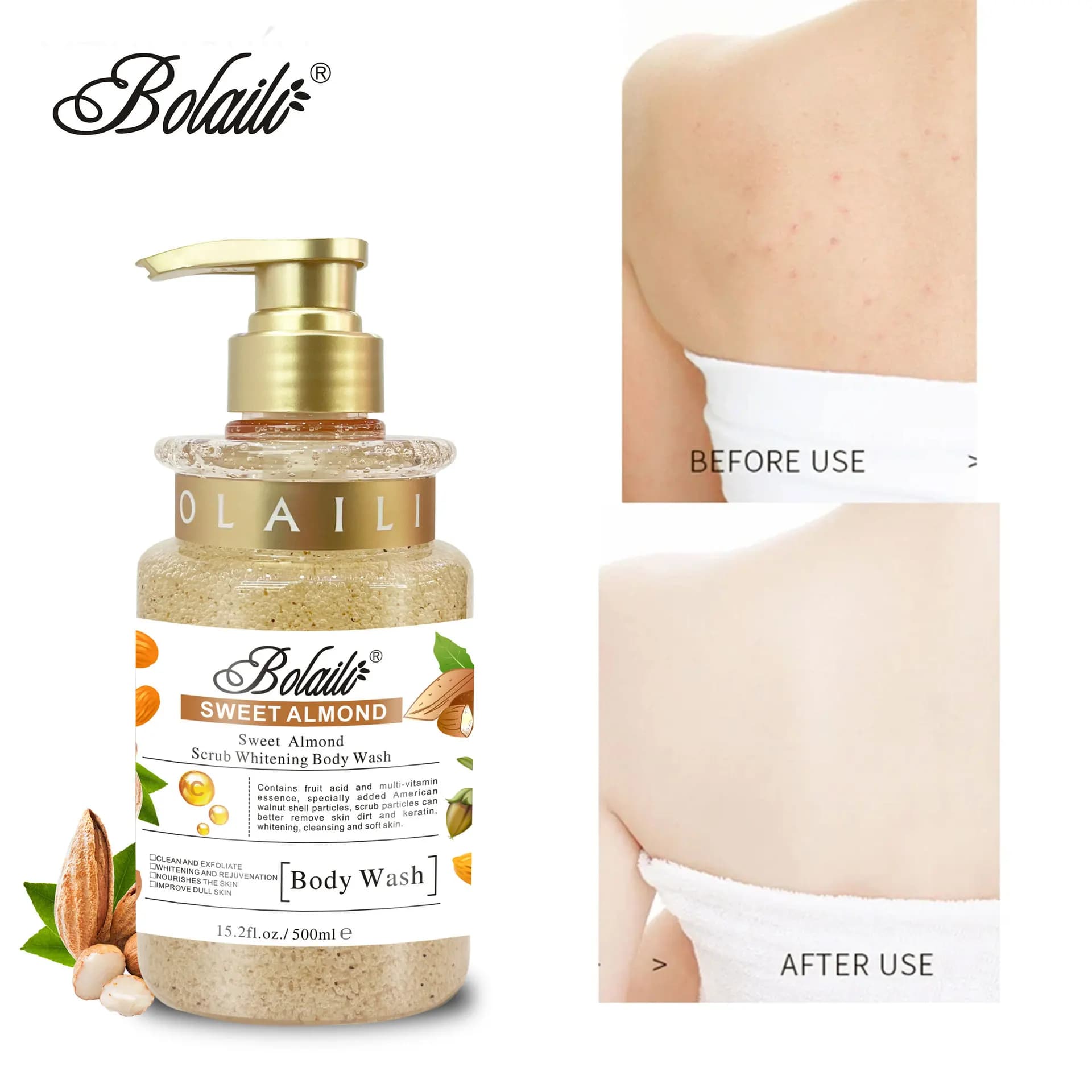 Gel Douche Exfoliant et Hydratant à l'Amande Douce, Éclaircissant et Nettoyant en Profondeur pour les Pores, 500ml