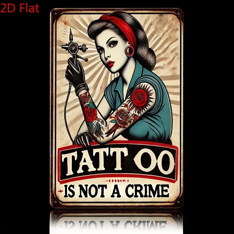 Art mural en métal rétro 2D plat style tatouage |   Panneau « Le tatouage n'est pas un crime » de 8,0 x 12,0 pouces avec motif rouge vif et design de tatouage