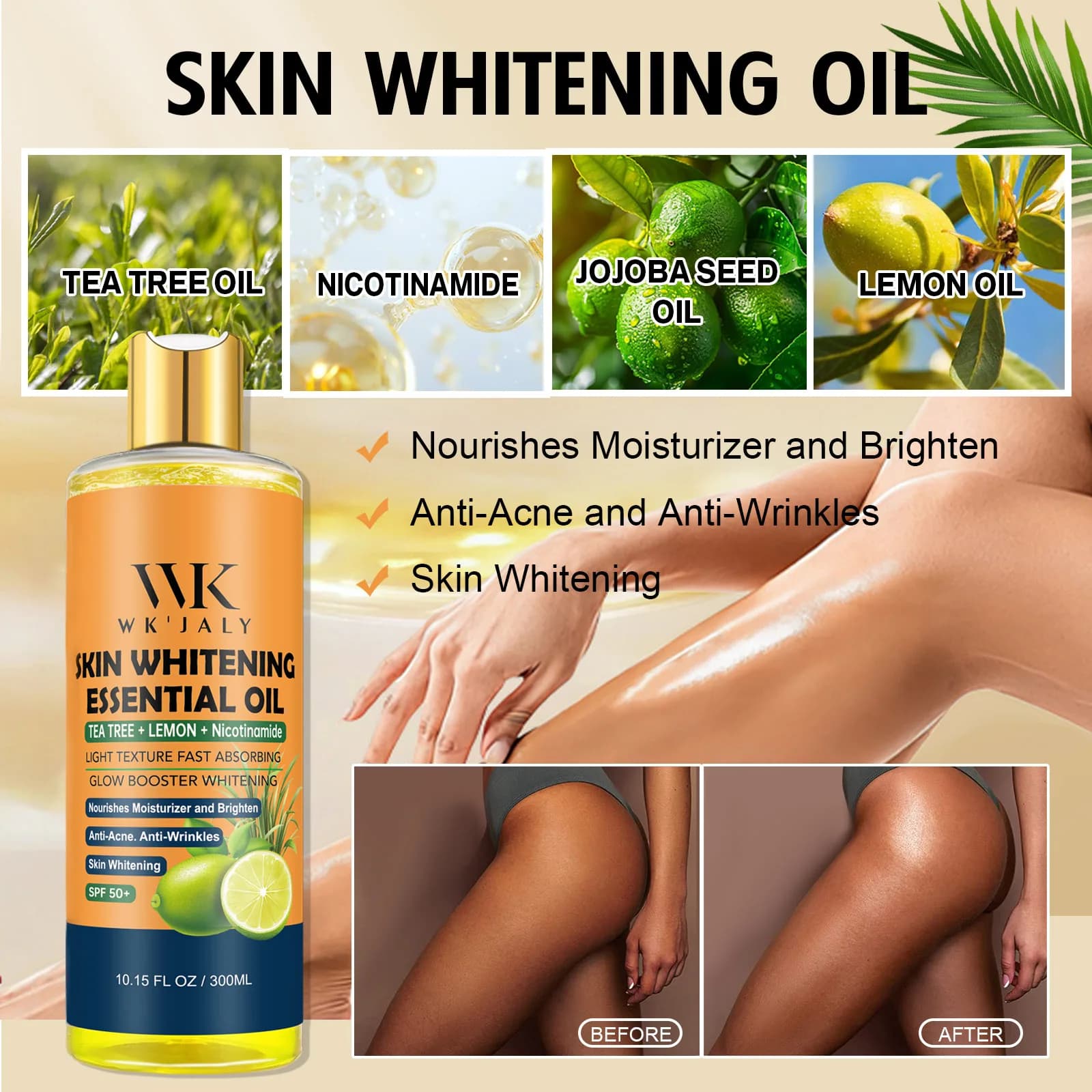 Huile pour le corps éclaircissante WK JALY, hydratation intense, hydratation, peau lisse, réduction des taches, mélanine, pour peaux foncées, noires, caramel