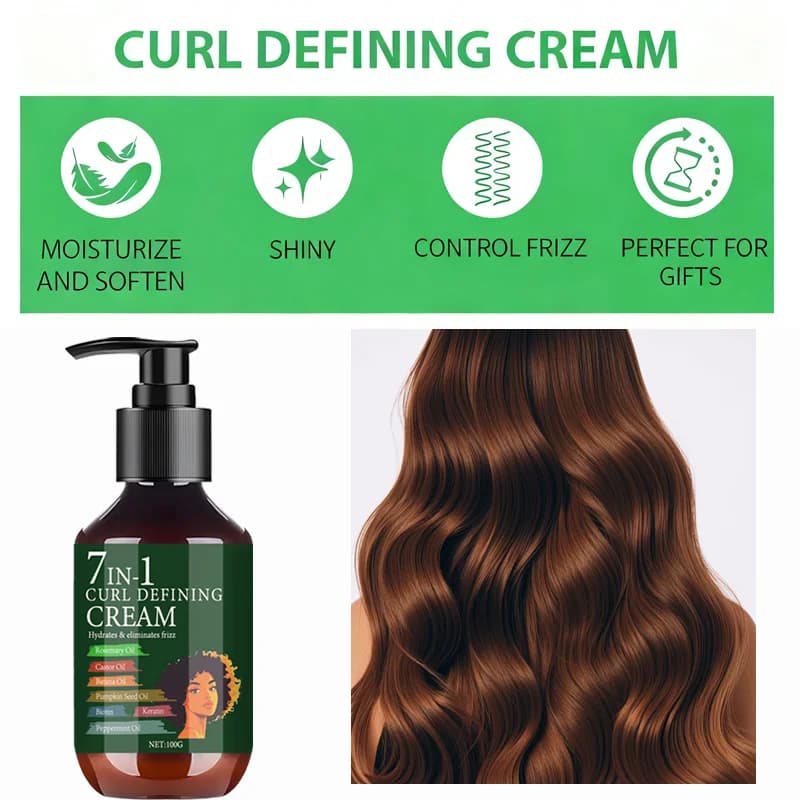 Crème définiuse de boucles 7 en 1 à l'huile de romarin et de ricin – Hydrate et élimine les frisottis pour des boucles définies et rebondissantes