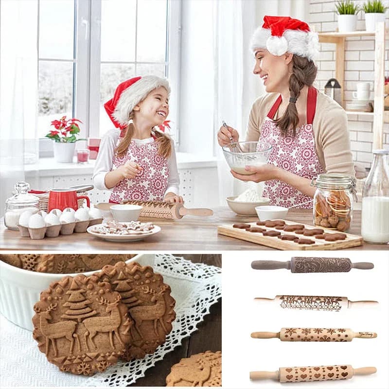 Rouleau à pâtisserie gaufré de noël 35CM, sculpté en bois, biscuits, pâte à Fondant, cuisson, rouleau imprimé gravé, cadeaux de vacances