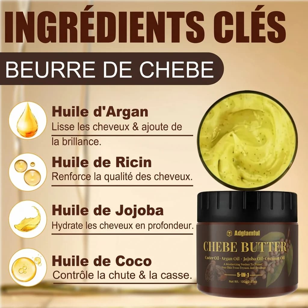 Chebe Butter Hair Oil 100g – Traitement hydratant en profondeur 5 en 1 pour le contrôle des frisottis