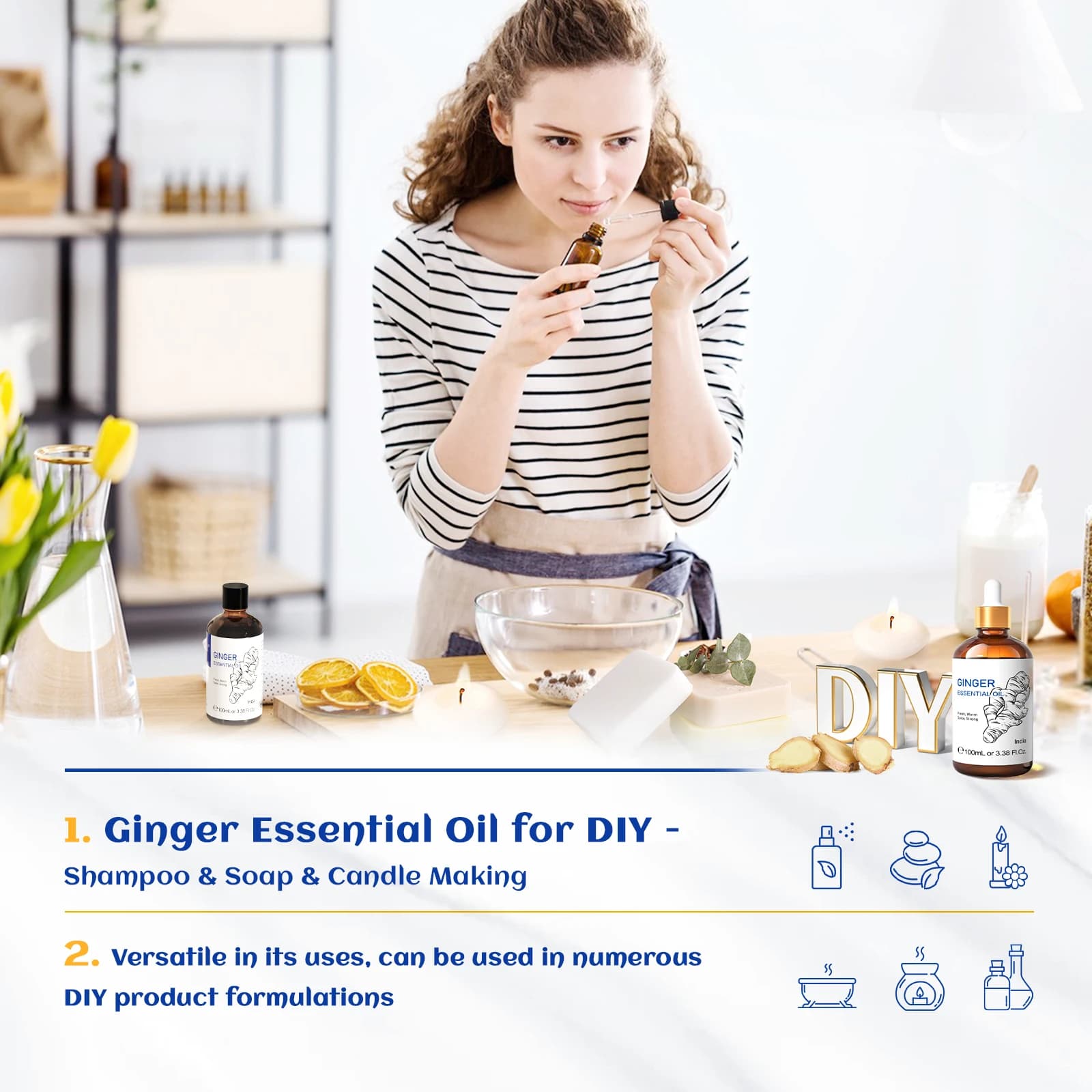 HIQILI 100ml Huile essentielle aromatique de haute qualité 100% naturelle à la lavande/vanille/basilic/rose, plusieurs parfums, 1 pièce