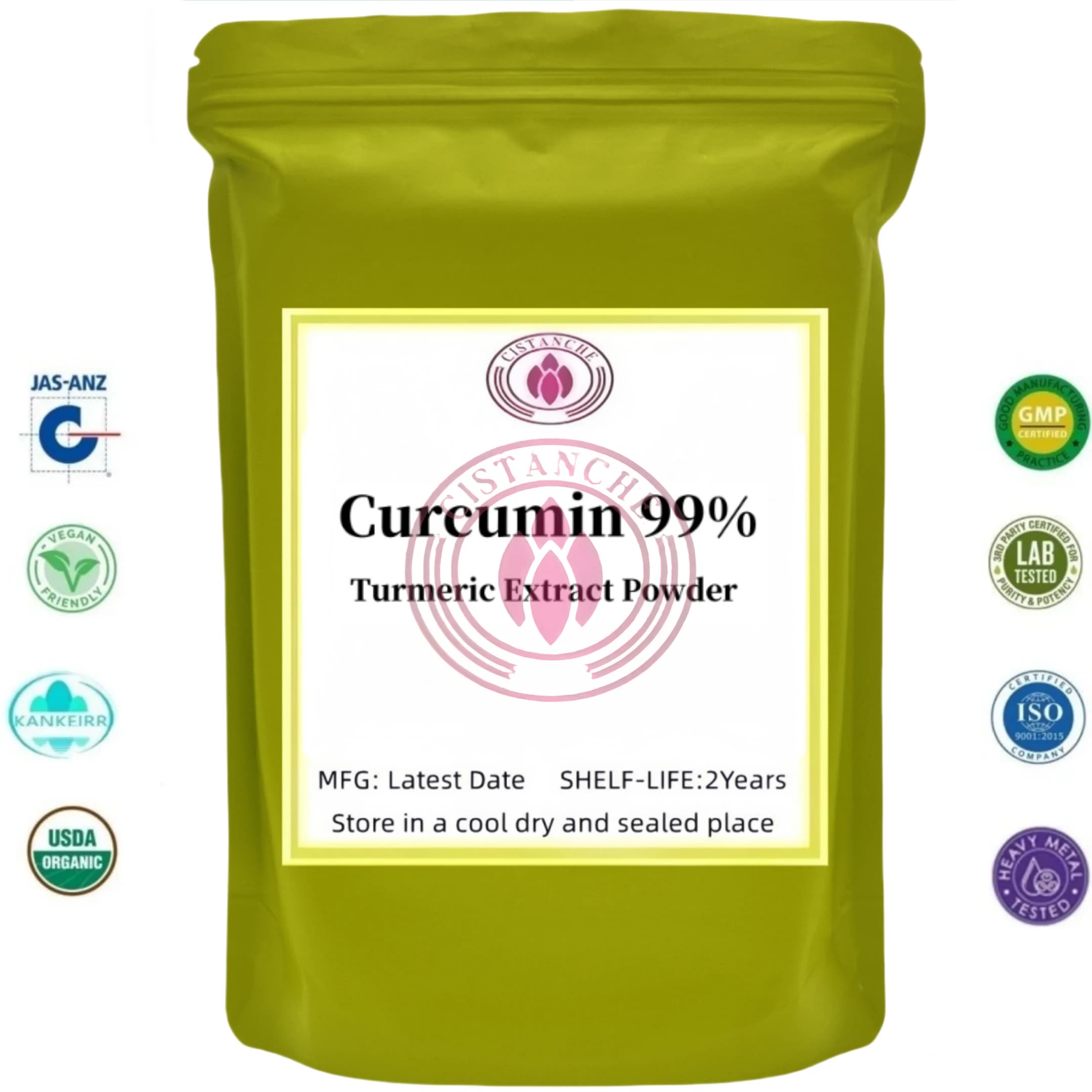 Sac en aluminium personnalisé pour poudre d'extrait de curcuma à 99% de curcumine