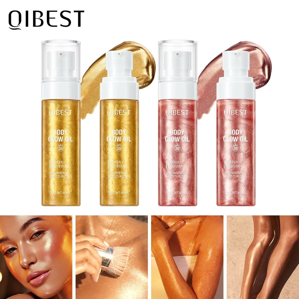 Huile Scintillante Corps QIBEST – Illuminateur Liquide Longue Durée Effet Pailleté Hydratant pour le Visage et le Corps – Maquillage Éclaircissant et Contouring