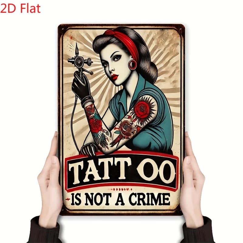 Art mural en métal rétro 2D plat style tatouage |   Panneau « Le tatouage n'est pas un crime » de 8,0 x 12,0 pouces avec motif rouge vif et design de tatouage