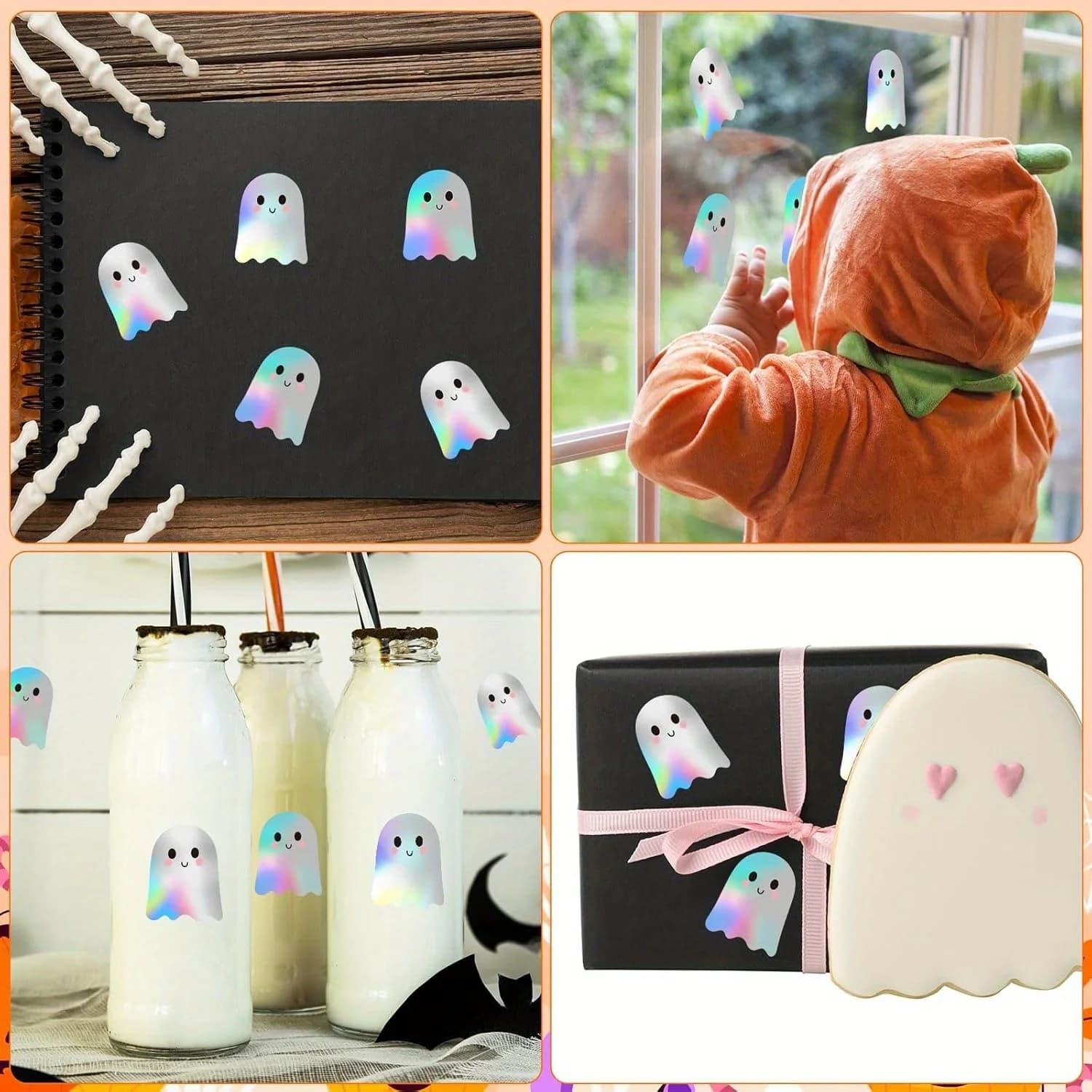 Rouleau d'autocollants fantômes d'Halloween, 500 pièces, autocollants laser fantômes, autocollants décoratifs en papier auto-adhésifs pour fête mignonne de trick or treat