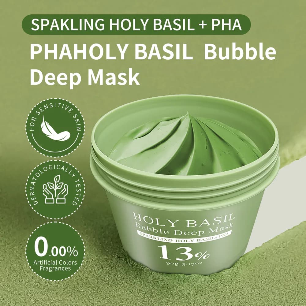 Masque Nettoyant Moussant au Basilic Sacré 90g – Hydratant, Contrôle du Sébum, Élimination des Points Noirs, Soin Nettoyant pour la Peau