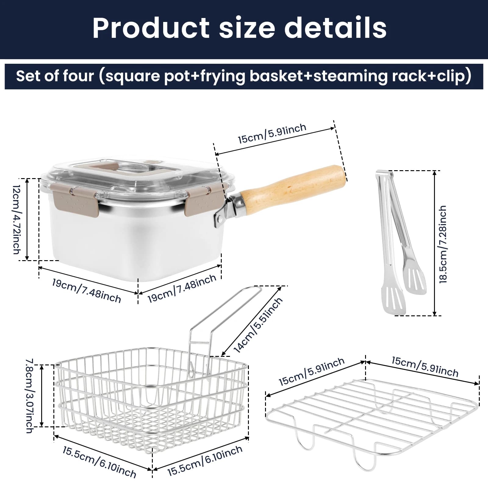 Poêle à frire carrée en acier inoxydable, poêle à frire carrée à économie d'huile avec panier et poignée, friteuse polyvalente avec couvercle