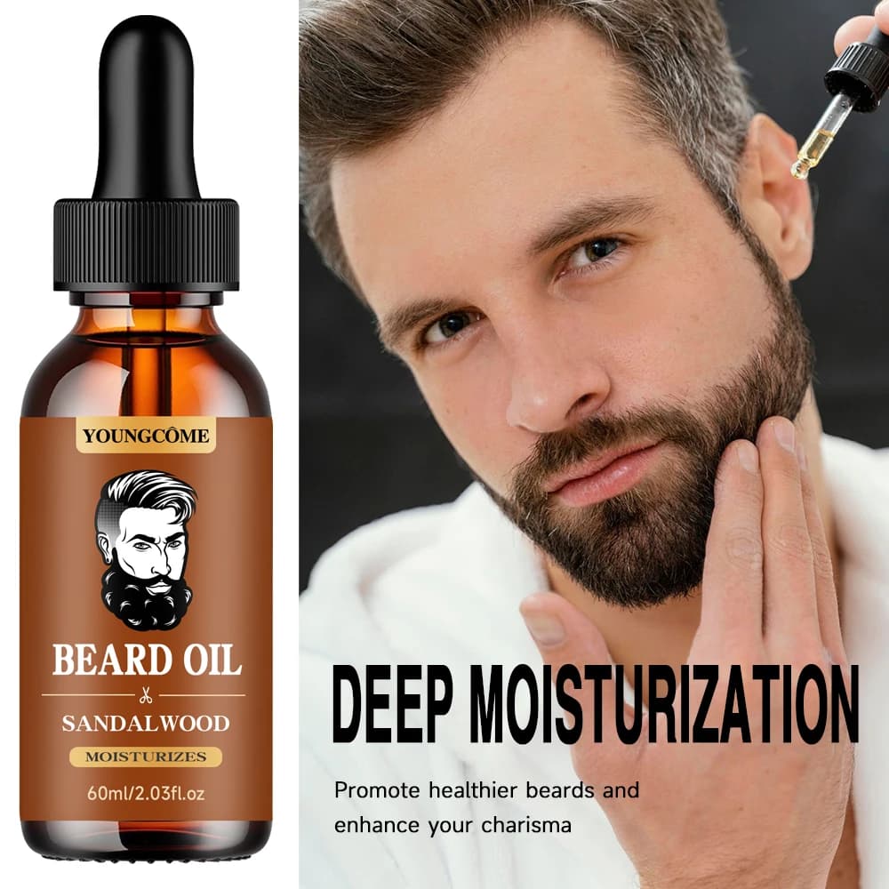 Huile de croissance de barbe bio et baume au bois de santal 1/2/4 Set-24H nourrissant, sans flocons, kit de toilettage pour hommes avec huile d'argan et vitamine E